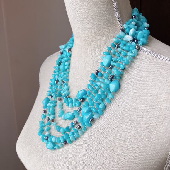 Hand-Knotted Multi-Strand Aqua Color Amazonite Bib Necklace w/ Toggle Clasp 19” - Picture 7 of 16